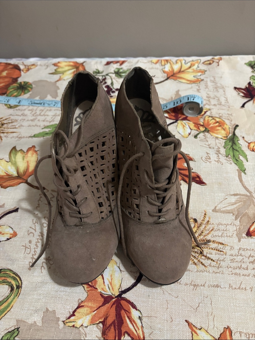 Fergalicious Taupe Lace-Up Cutout Ankle Booties